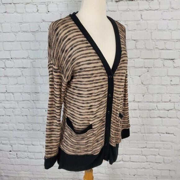 SPLENDID 𝅺Tan Black Marled Striped Cardigan Sweater M NWT NEW - Picture 3 of 6